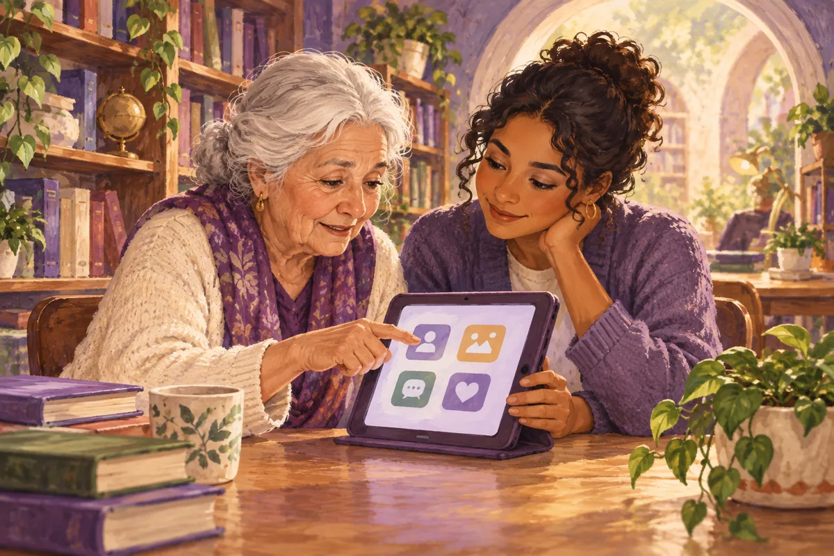 Ilustración: Una mujer mayor y una joven comparten un aprendizaje con una tableta en una biblioteca.
