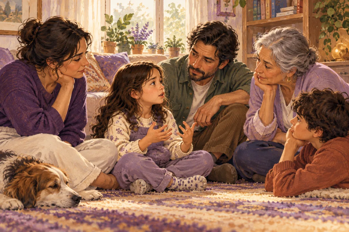 Ilustración: Una familia de distintas generaciones escucha con cariño a una niña en casa.