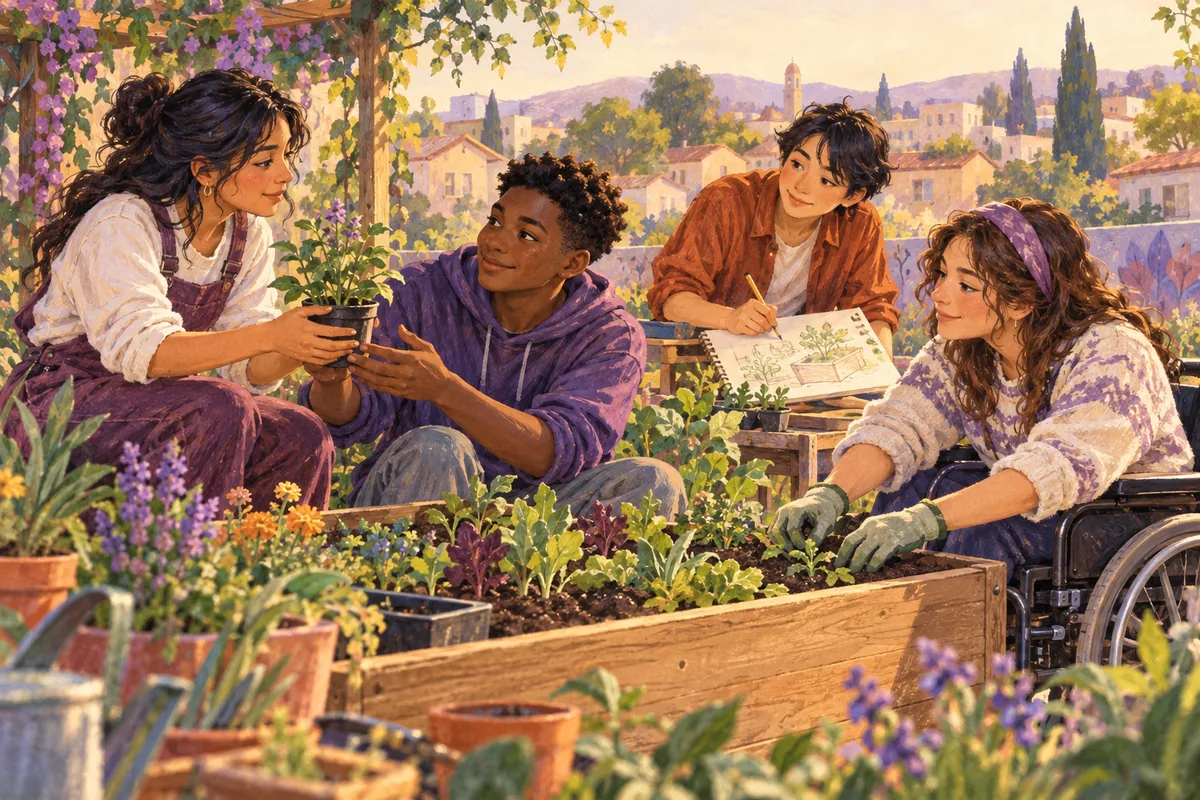 Ilustración: Jóvenes colaboran para crear un jardín comunitario accesible.
