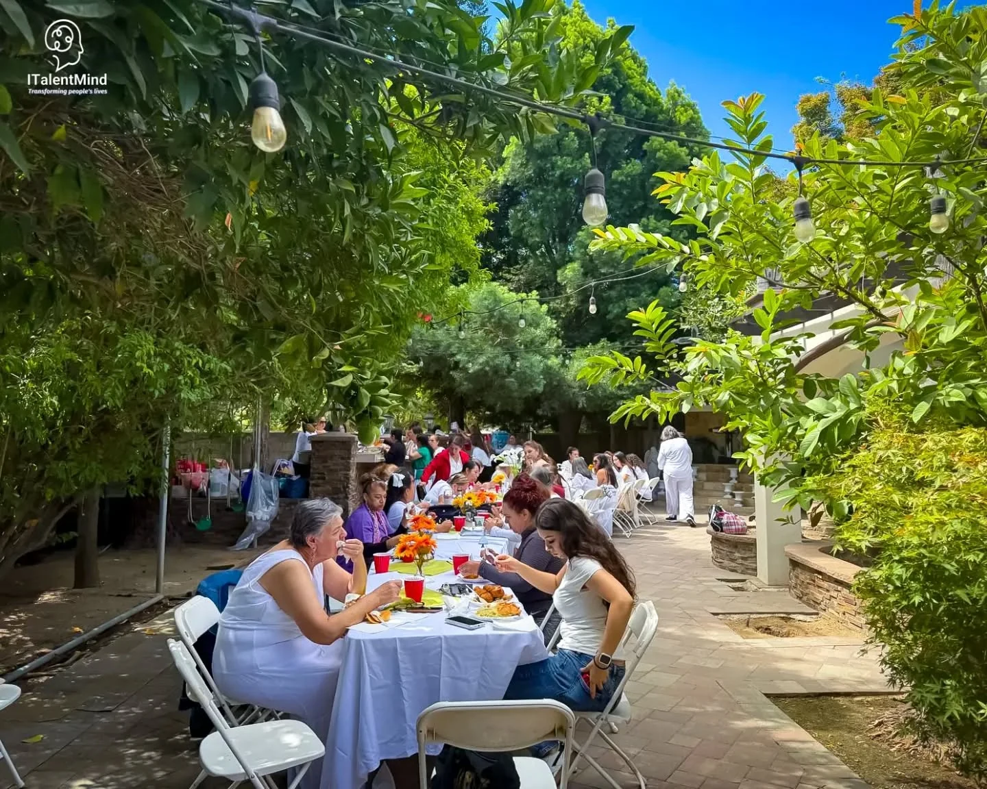 Encuentro de mujeres alrededor de una mesa al aire libre en Riverbank.