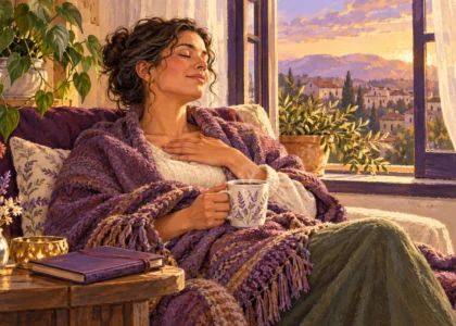 Ilustración: Una cuidadora disfruta de una pausa tranquila junto a una ventana.