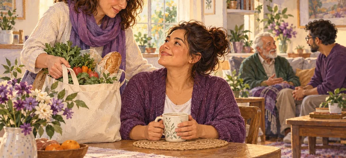 Ilustración: Una cuidadora recibe ayuda con las compras mientras otra persona acompaña a su familiar mayor.