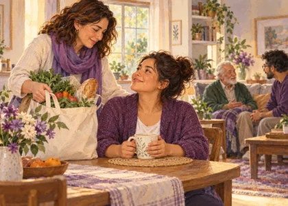 Ilustración: Una cuidadora recibe ayuda con las compras mientras otra persona acompaña a su familiar mayor.