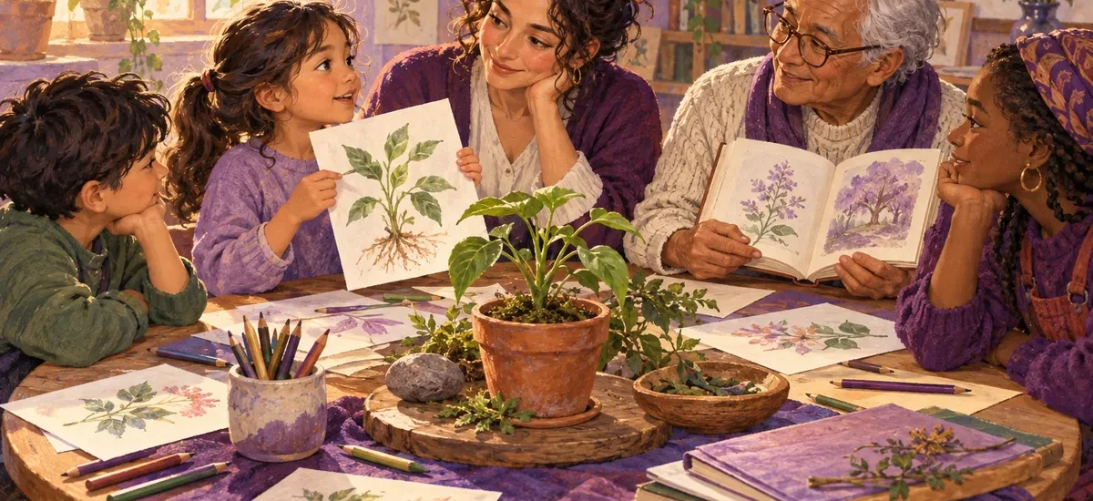Ilustración: Una niña, una persona mayor y una facilitadora comparten aprendizajes en un taller.