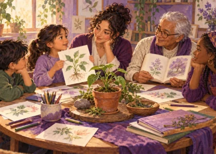 Ilustración: Una niña, una persona mayor y una facilitadora comparten aprendizajes en un taller.