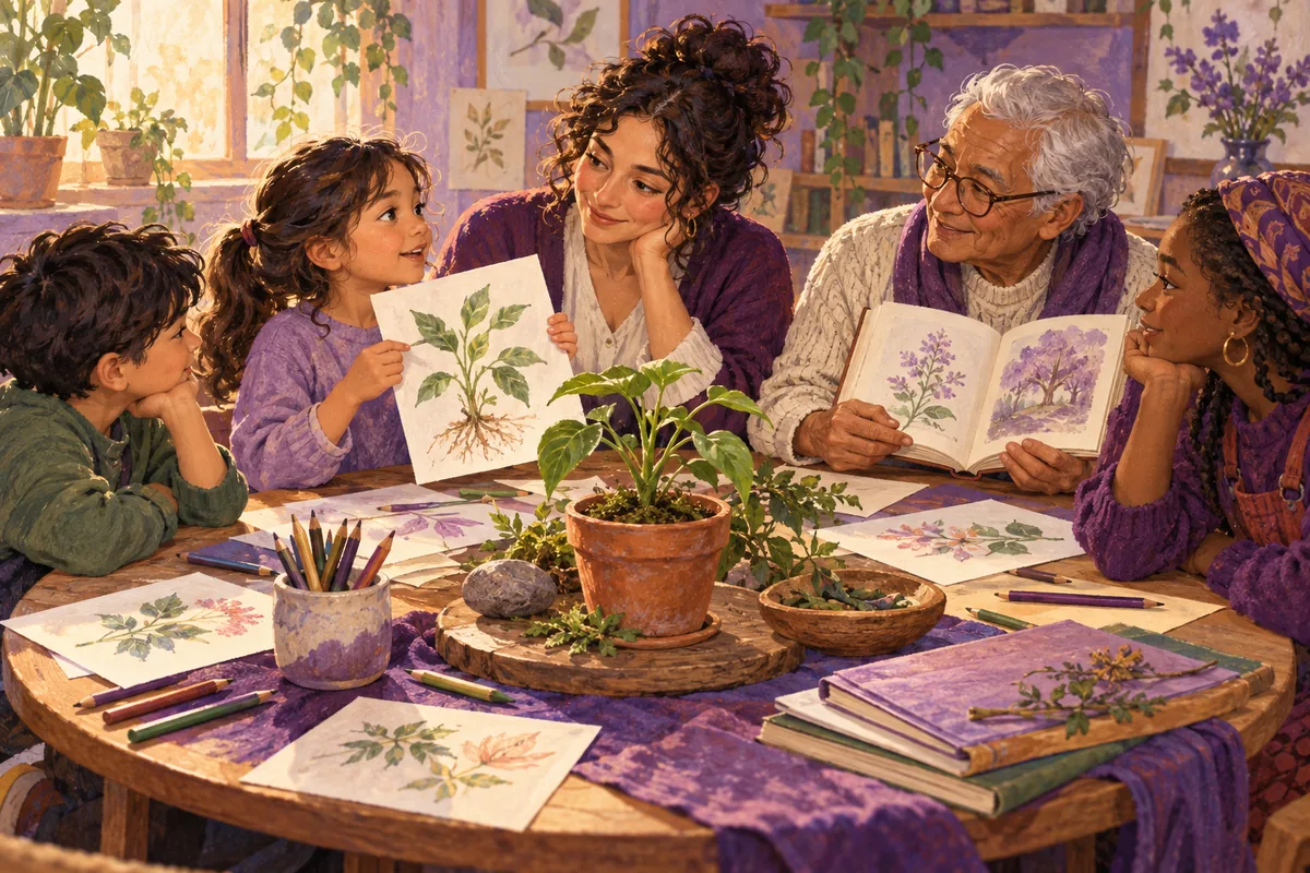Ilustración: Una niña, una persona mayor y una facilitadora comparten aprendizajes en un taller.
