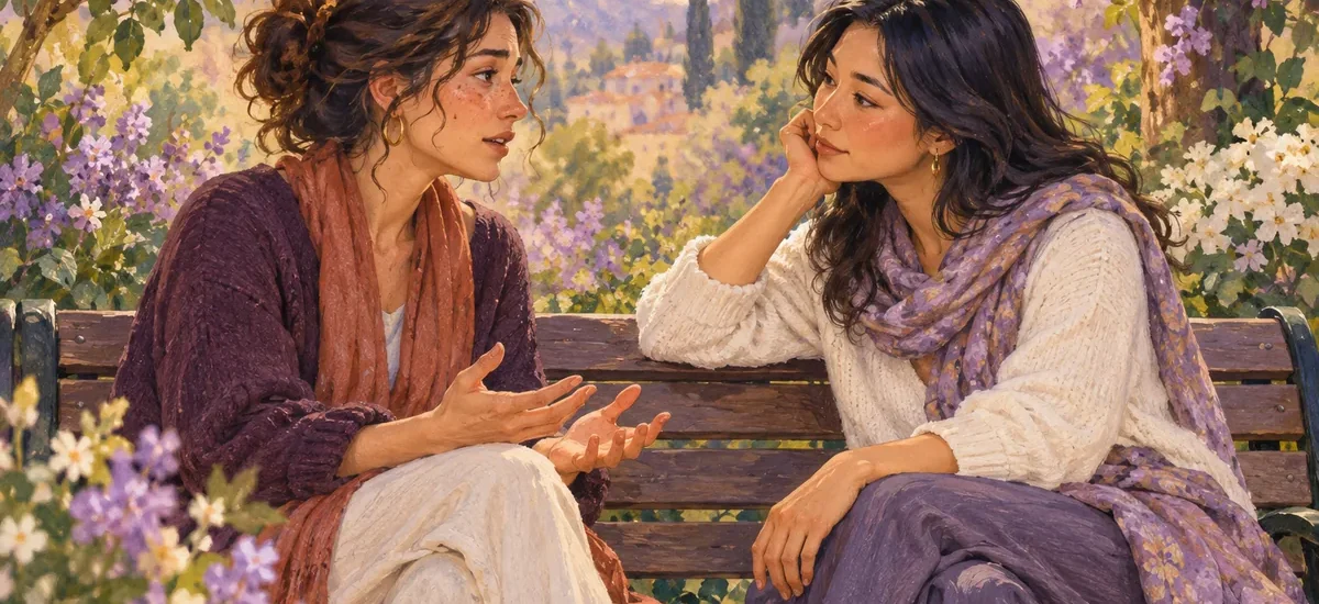 Ilustración: Dos mujeres conversan en un jardín; una escucha con atención y respeto a la otra.