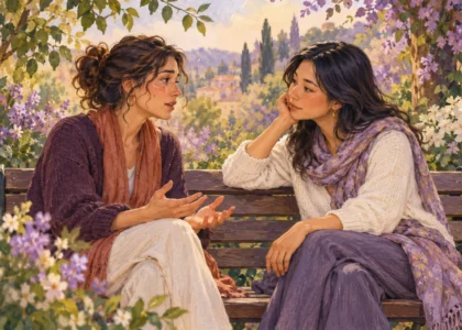 Ilustración: Dos mujeres conversan en un jardín; una escucha con atención y respeto a la otra.
