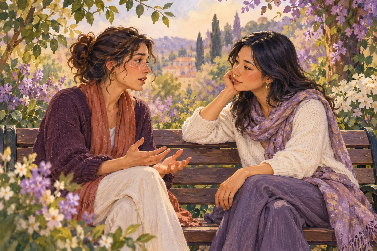 Ilustración: Dos mujeres conversan en un jardín; una escucha con atención y respeto a la otra.