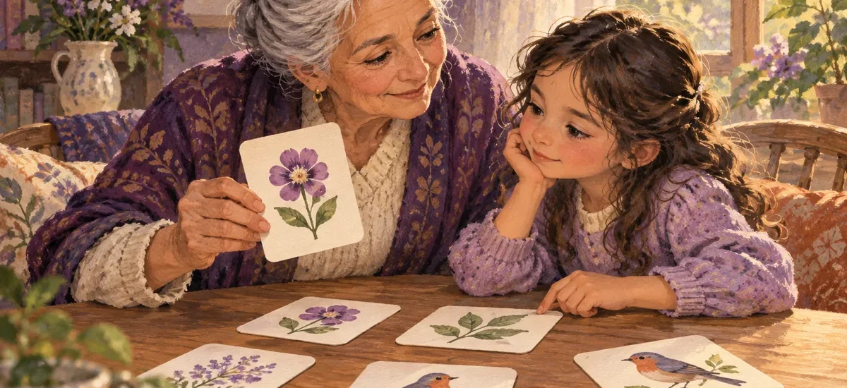 Ilustración: Una abuela y una niña comparten un juego de parejas de imágenes sin prisa.