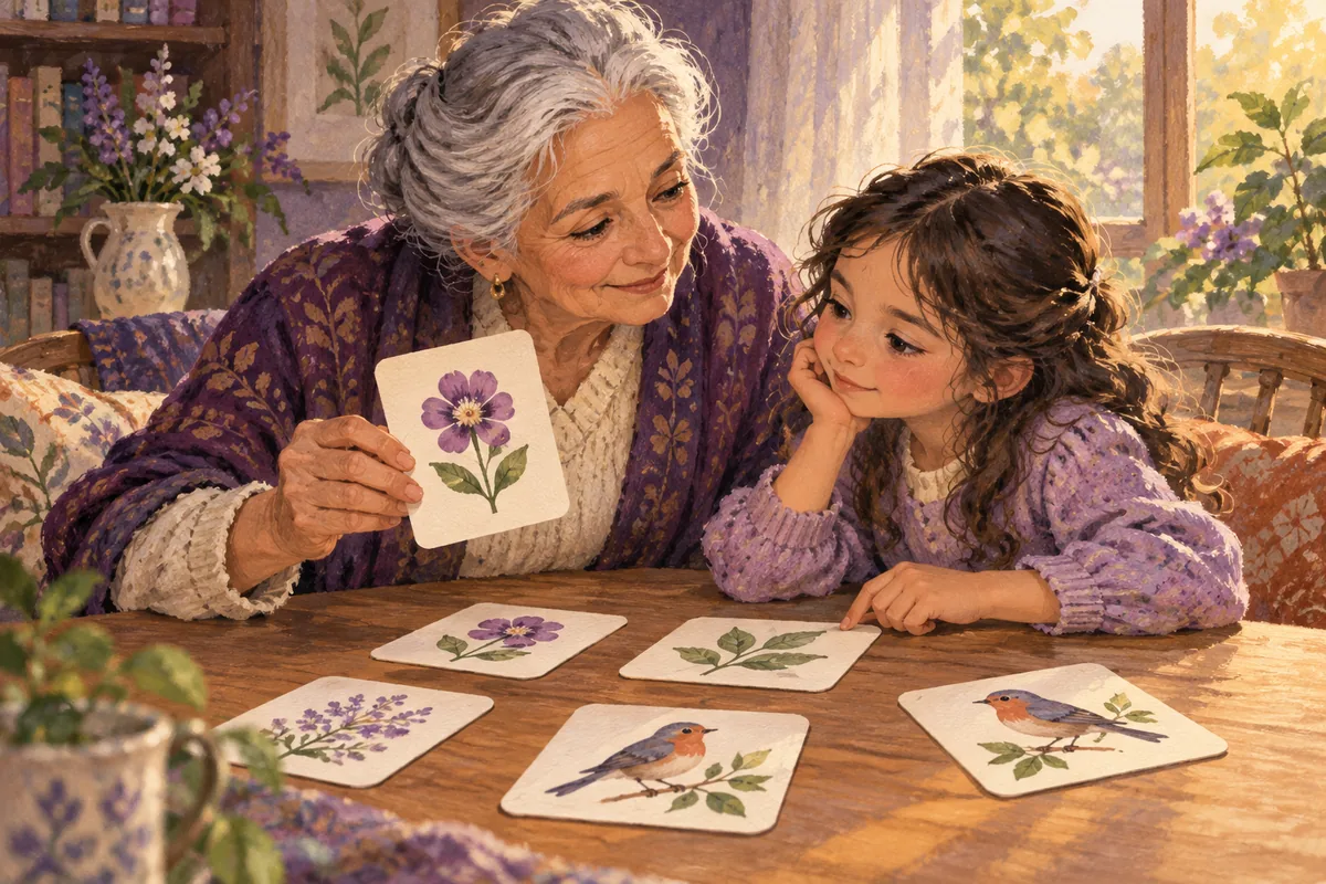 Ilustración: Una abuela y una niña comparten un juego de parejas de imágenes sin prisa.