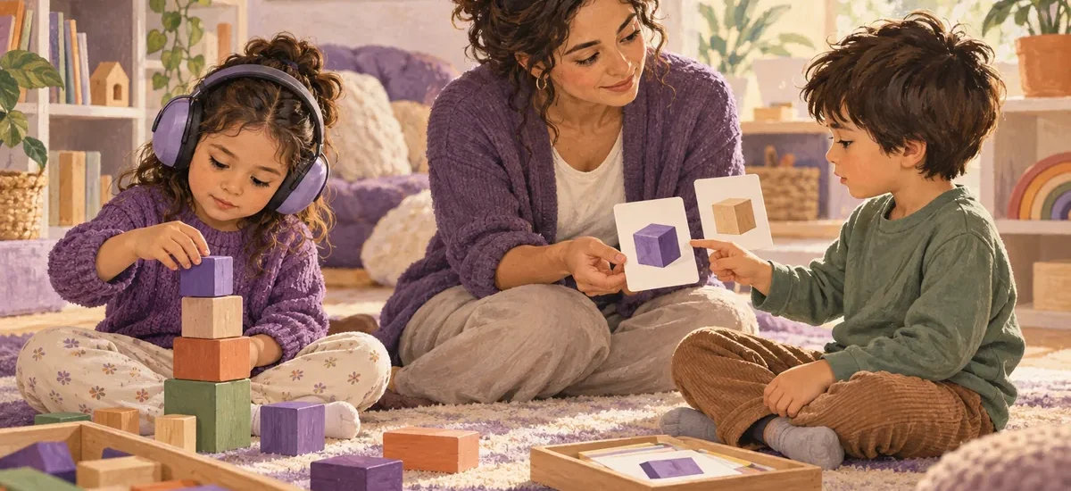Ilustración: Dos niños eligen formas distintas de jugar con bloques y tarjetas en un espacio tranquilo.