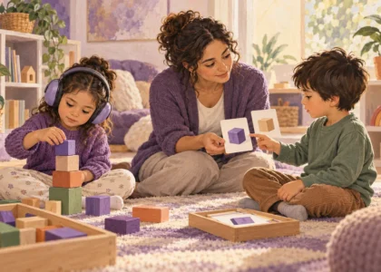 Ilustración: Dos niños eligen formas distintas de jugar con bloques y tarjetas en un espacio tranquilo.