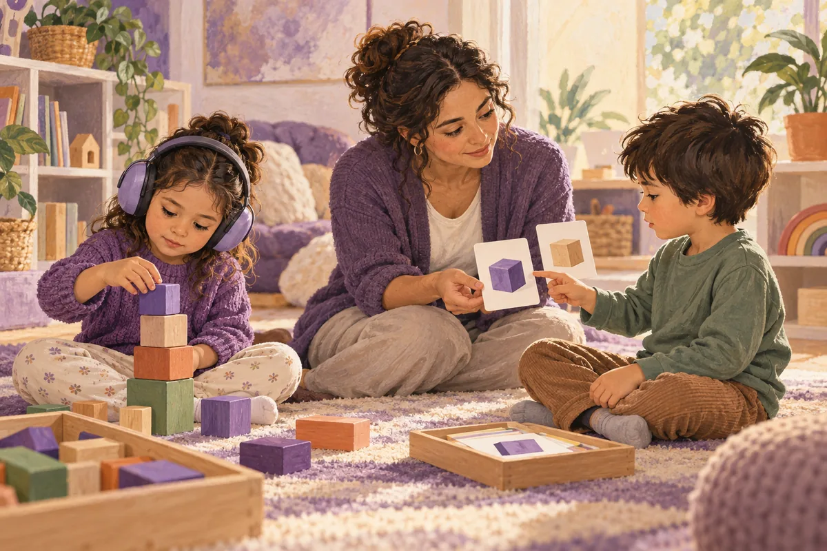 Ilustración: Dos niños eligen formas distintas de jugar con bloques y tarjetas en un espacio tranquilo.
