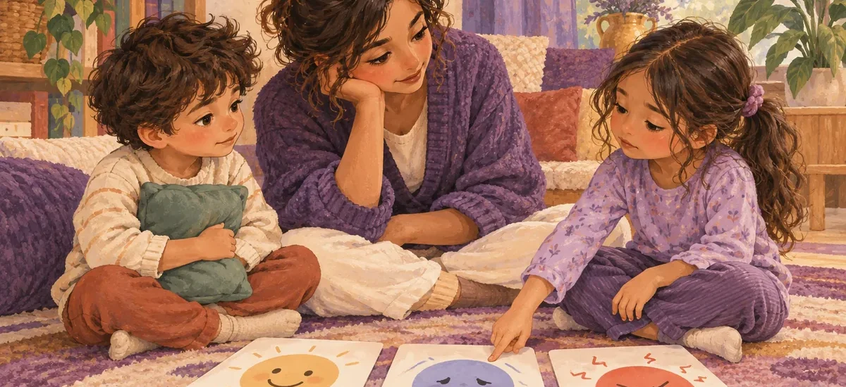 Ilustración: Dos niños exploran tarjetas de emociones con el acompañamiento atento de una persona adulta.