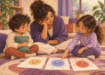 Ilustración: Dos niños exploran tarjetas de emociones con el acompañamiento atento de una persona adulta.