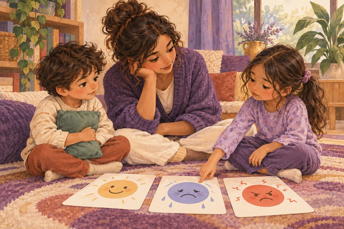 Ilustración: Dos niños exploran tarjetas de emociones con el acompañamiento atento de una persona adulta.