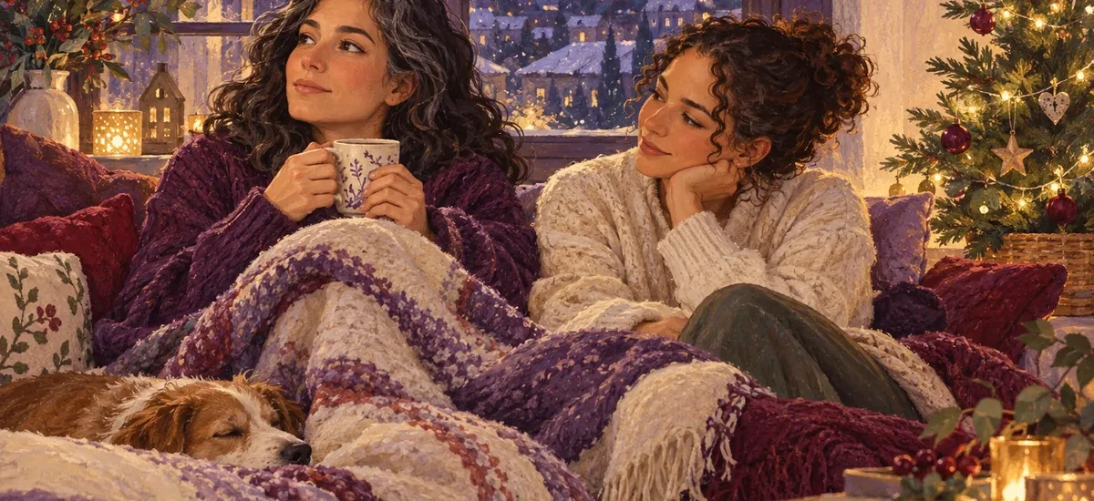 Ilustración: Dos personas comparten una Navidad tranquila, con espacio para la conversación y las emociones.