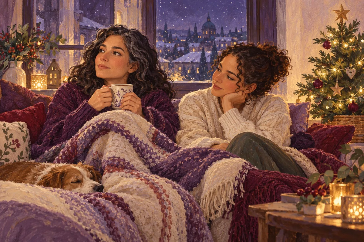 Ilustración: Dos personas comparten una Navidad tranquila, con espacio para la conversación y las emociones.