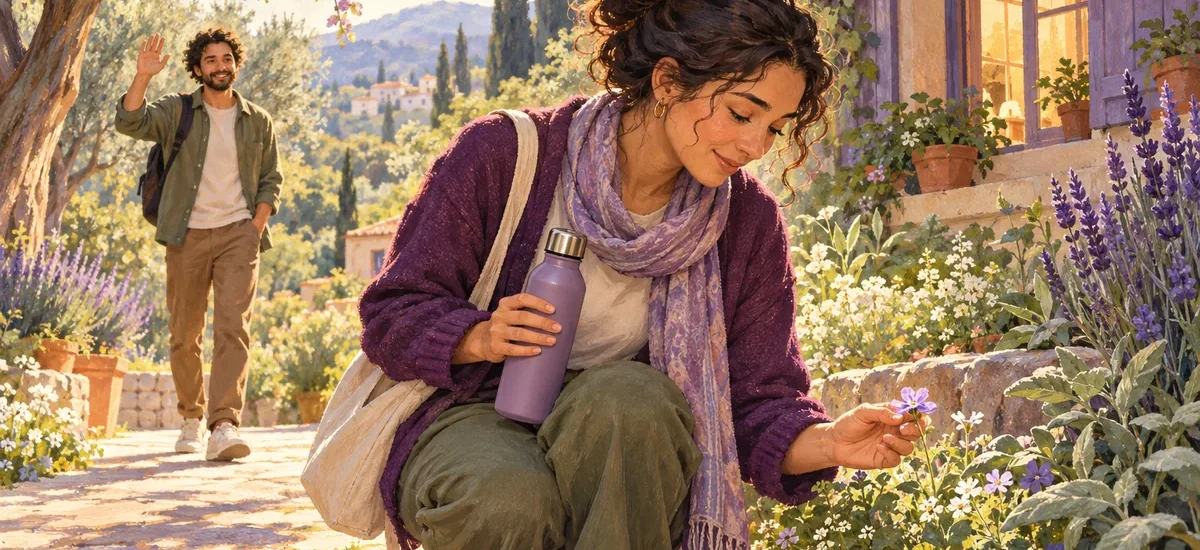 Ilustración: Una mujer pasea por un jardín y se detiene a observar una flor al comenzar el día.