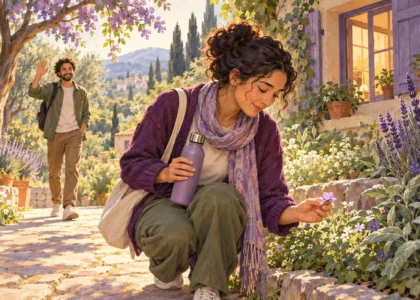 Ilustración: Una mujer pasea por un jardín y se detiene a observar una flor al comenzar el día.