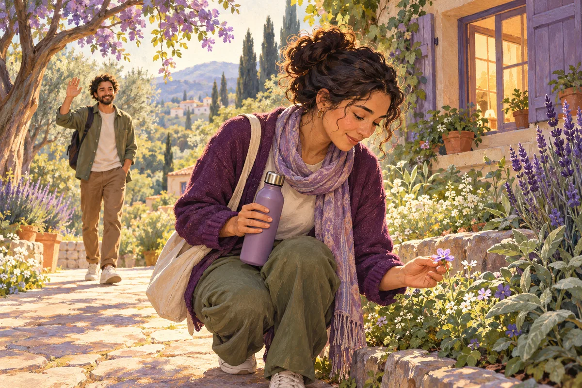 Ilustración: Una mujer pasea por un jardín y se detiene a observar una flor al comenzar el día.