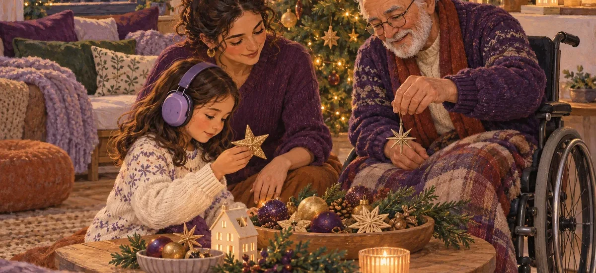 Ilustración: Una niña y un abuelo en silla de ruedas participan a su ritmo en una celebración navideña tranquila.