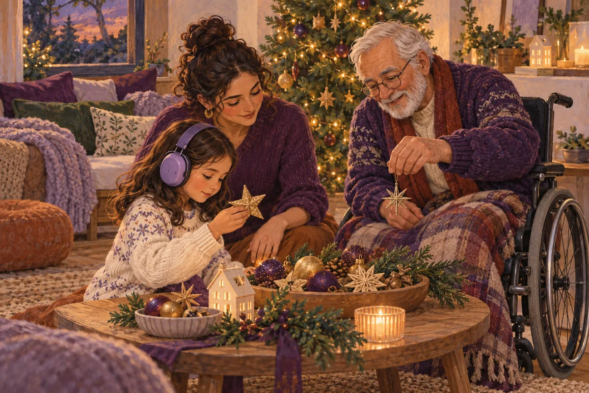 Ilustración: Una niña y un abuelo en silla de ruedas participan a su ritmo en una celebración navideña tranquila.