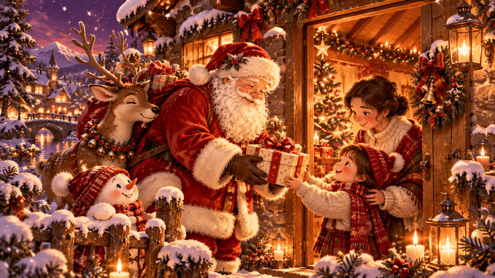 Papá Noel entrega un regalo en una casa navideña iluminada, acompañado por un reno y un muñeco de nieve