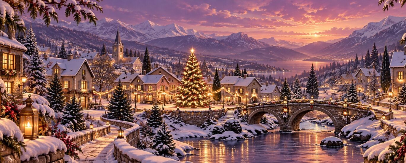 Ilustración de un pueblo navideño nevado al atardecer, con un árbol iluminado, faroles dorados y un puente.