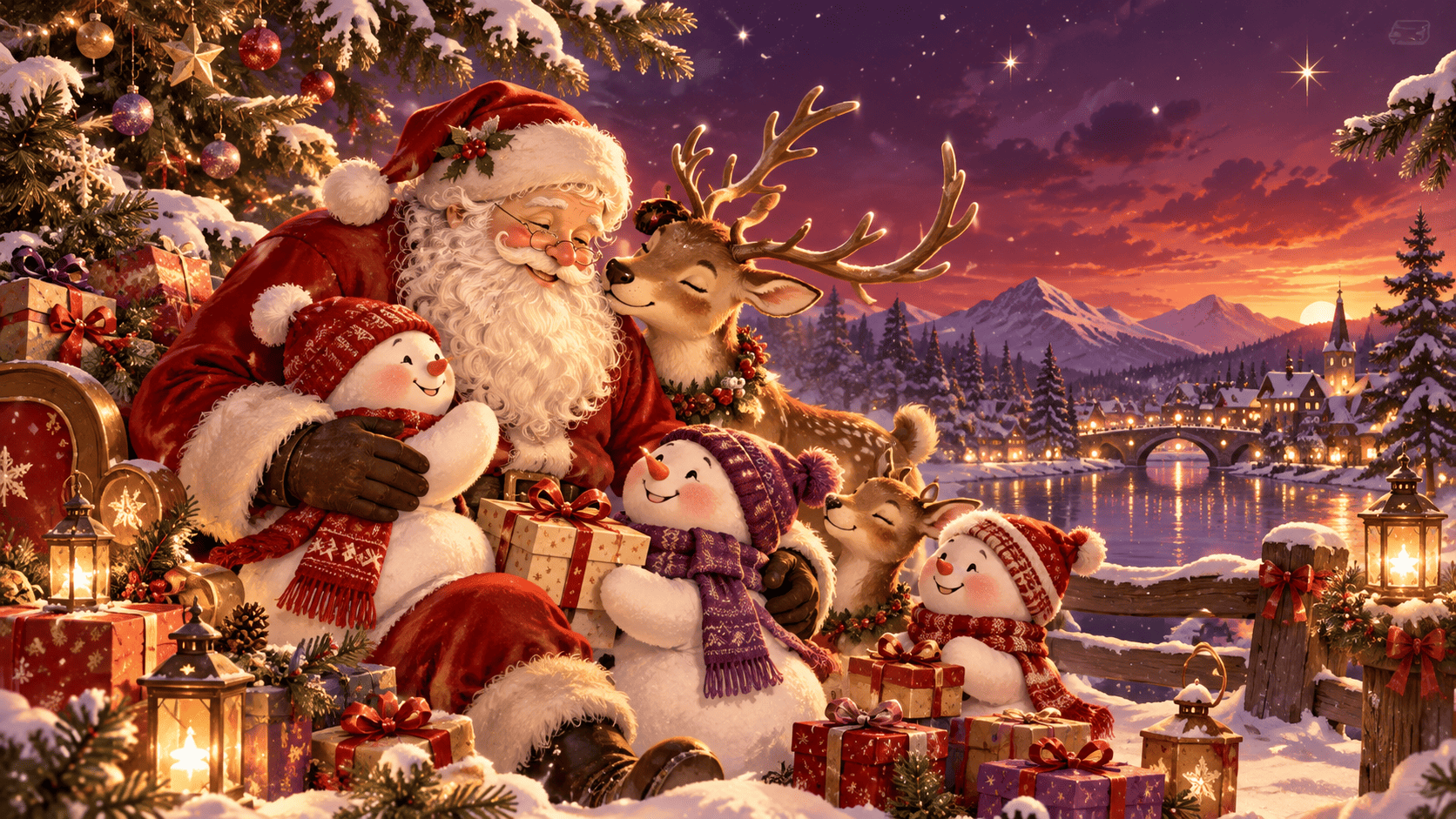 Papá Noel clásico, renos y muñecos de nieve en un pueblo navideño iluminado, una ilustración nostálgica original de ITalentMind