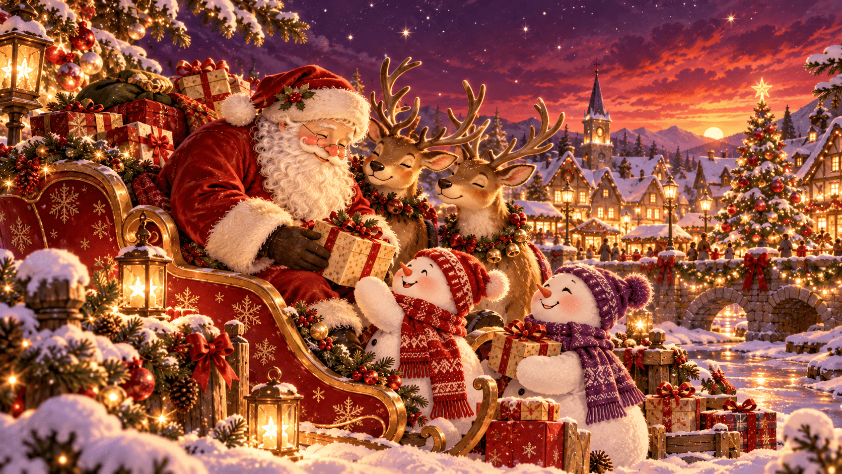 Papá Noel, muñecos de nieve y renos compartiendo un abrazo bajo un cielo estrellado de Navidad